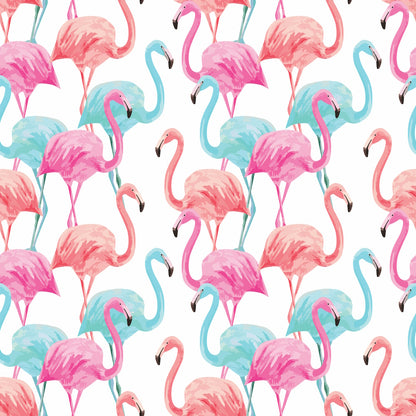 Pattern of 40 colorful flamingos